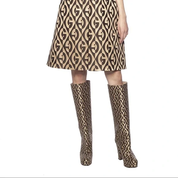 GUCCI Fabric G Rhombus Print Platform Boots Size EU37.5/ US7.5 Beige Cocoa - Picture 7 of 16